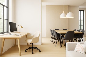 Modern minimalistic home interior with workspace and dining area featuring wooden furniture and soft natural lighting in contemporary setting.