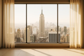 Modern empty room interior with large window view of city skyline and iconic skyscraper in warm natural light and soft curtain decor.