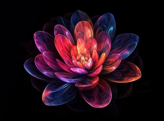 Vibrant digital lotus flower, glowing petals in radiant red, pink, orange, and blue, black background