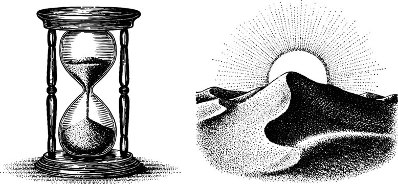 Timeless hourglass and desert dunes engraving for vintage art and design