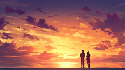 Fototapeta premium Man and woman couple silhouette together at sea enjoy sunset illustration