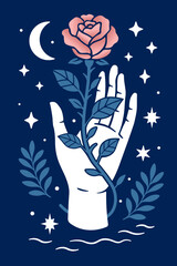 Mystical hand holding blooming rose flower with moon and stars — boho magical floral line art illustration for spiritual decor, witchy design, botanical celestial print, tarot and moon phase themes