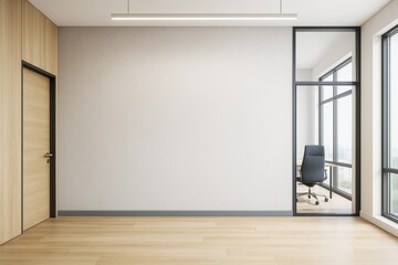 Empty modern office interior with light wood floor, blank wall, glass partition, and natural daylight for branding or design mockup concept.