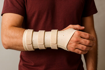 Close-up of Injured Arm with Orthopedic Wrist Brace – Medical Support and Rehabilitation Concept