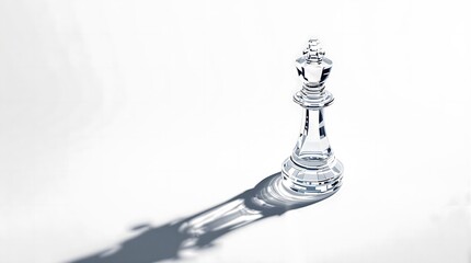 Transparent glass king chess piece on white surface with long shadow