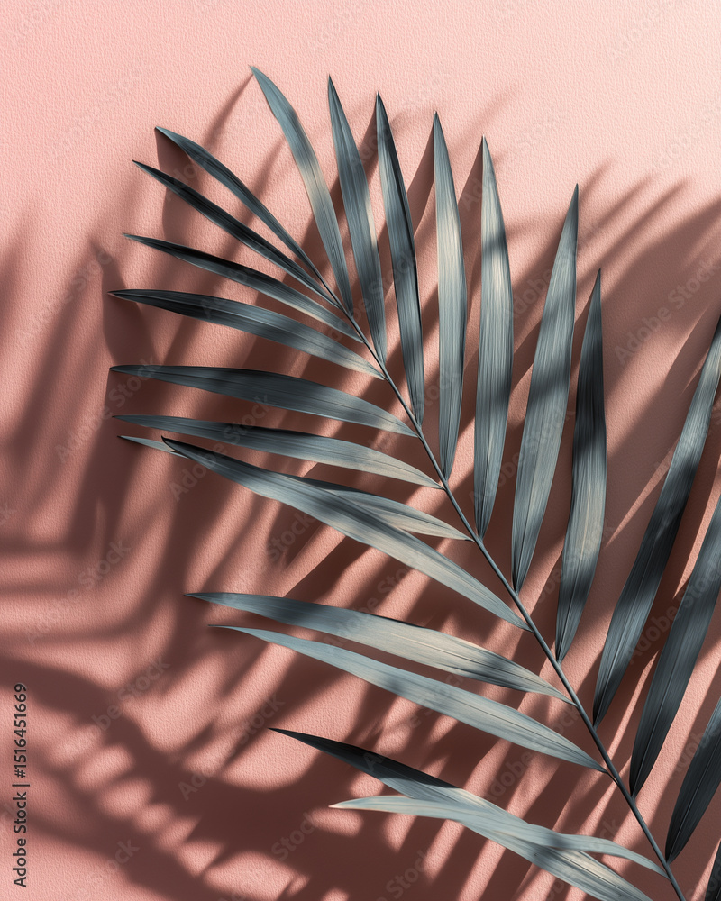 Poster a leaf casts a shadow on a pink background. the shadow is long and thin, and the leaf is the main fo
