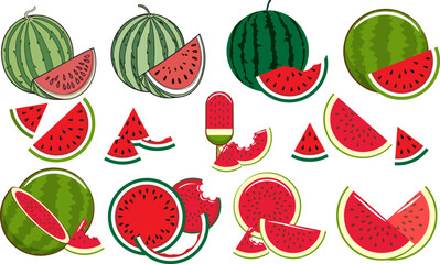 Watermelon Cartoon Icon Set Vector Design. Watermelon summer fruit clipart set. Tropical fruit watermelon drawing in whole, slice and cut elements clip art collection. 