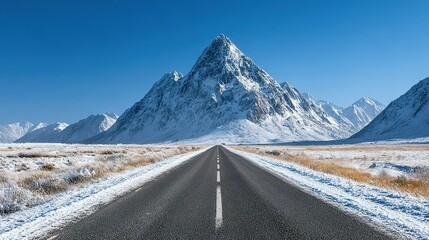 Snowy mountain road stretches into the distance.