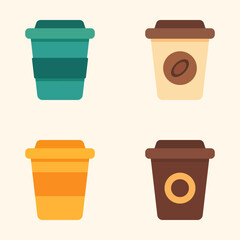 Colorful coffee to-go cup icons with coffee bean logos and reusable sleeves in clean flat design