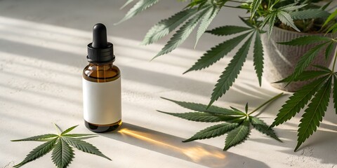 Mockup of blank cbd or thc oil glass bottle with empty label and canabis marijuana leaves on table or floor, product packaging with natural shadows, hemb medical plant