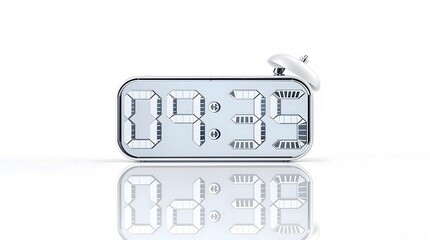 Modern digital alarm clock displaying time on a clean white surface with reflection