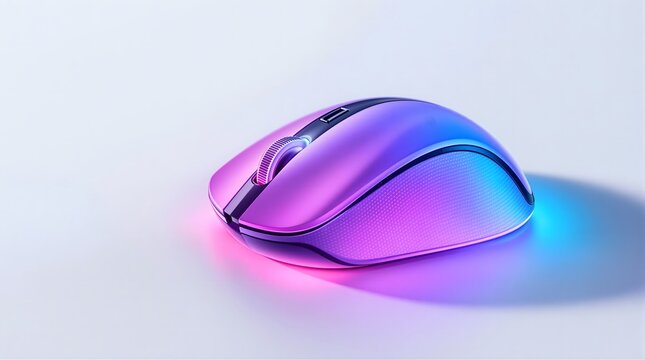 Sleek wireless computer mouse illuminated with vibrant pink and blue gradient lighting