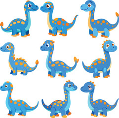 Collection of Adorable Blue Cartoon Brontosaurus Dinosaurs with Orange Spots Poses for Illustration