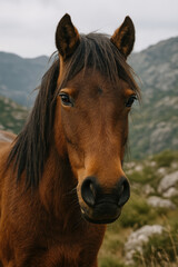 Obraz premium Garrano, a Wild Horse Roaming Freely in the Northern Highlands of Portugal’s Peneda-Gerês National Park, Symbolizing Wild Spirit and Iberian Heritage.