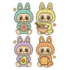 Cute cartoon rabbits holding snacks in colorful outfits 
