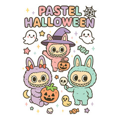 Cute cartoon characters celebrating Halloween in pastel colors  