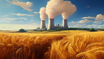 Ein weit entferntes Atomkraftwerk mit dampfenden Türmen, eingebettet in eine goldene Weizenlandschaft im Spätsommer.