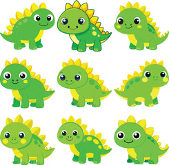 Collection of Nine Adorable Cartoon Green and Yellow Stegosaurus Dinosaurs on White