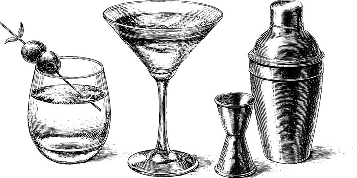 Vintage engraved cocktail set with martini glass and olive theme for elegant designs