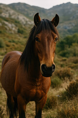 Fototapeta premium Garrano, a Wild Horse Roaming Freely in the Northern Highlands of Portugal’s Peneda-Gerês National Park, Symbolizing Wild Spirit and Iberian Heritage.