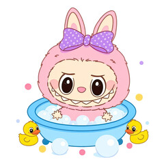 Cute character with pink fur and bunny ears taking a bubble bath  