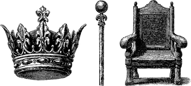 Engraved medieval crown scepter and throne illustration set for historical design