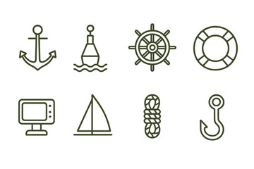 Nautical icons set featuring anchor, buoy, ship wheel, lifebuoy, and more