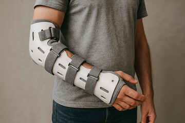 Close-up image of a man's forearm wearing a beige orthopedic wrist brace with multiple straps. Medical support for injury recovery, fracture treatment, or post-surgery rehabilitation.