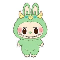 Fototapeta premium Cute character in green furry costume with bunny ears and horns 
