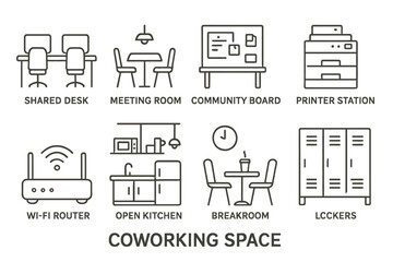 Coworking space icons: desk, meeting room, kitchen, printer, lockers, wi-fi, breakroom