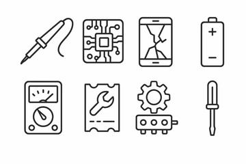 Set of technology and repair icons including tools and devices