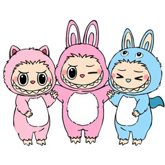 Fototapeta premium Three cartoon characters in animal costumes smiling together 