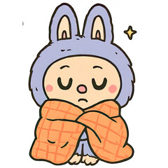 Cute child in bunny costume wrapping blanket with closed eyes  