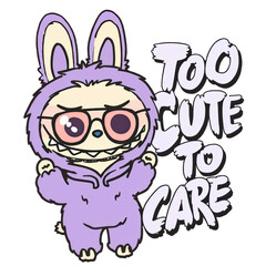 Cartoon character in purple onesie with bunny ears saying "Too Cute to Care"  