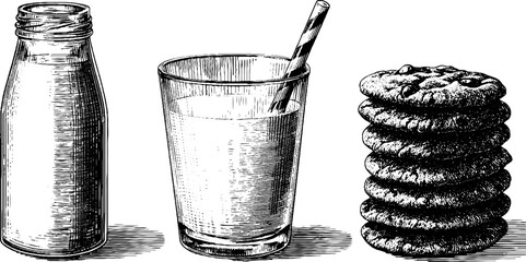 Charming engraved illustration of milk bottle, glass of milk, and cookies set for culinary decor