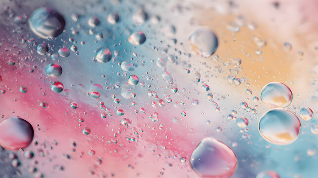 Close up view of glistening water droplets on a colorful abstract background enhancing visual appeal