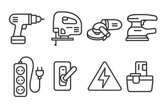 Outline icons of power tools and electrical equipment