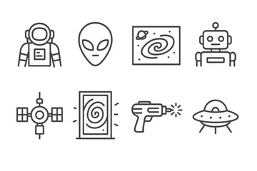 Futuristic sci-fi icons: alien, spaceship, robot, astronaut, ray gun, galaxy