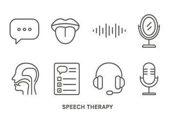Speech therapy tools and icons: communication, microphone, headset, oral, vocal therapy