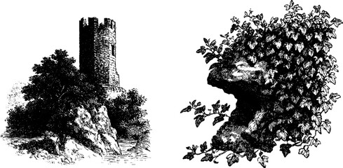 Enchanting moonlit castle tower and ivy-covered rock in vintage engraving for historical themes