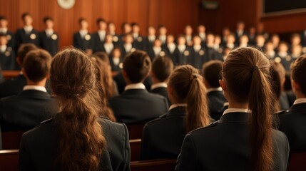 A choir performance viewed from behind, capturing unity and formal attire