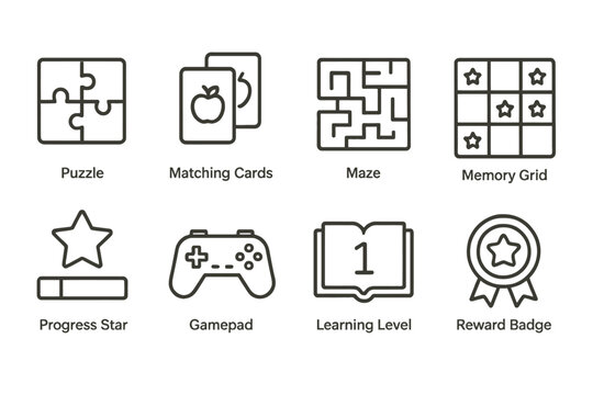 Educational game icons: puzzle, cards, maze, memory grid, progress, gamepad, learning, reward