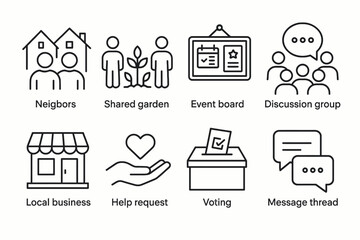Community connection icons: neighbors, garden, events, discussion, local business, voting, messaging