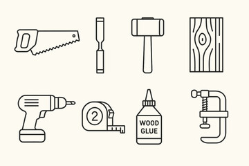 Obraz premium Carpentry tools: saw, chisel, mallet, wood, drill, tape, glue, clamp