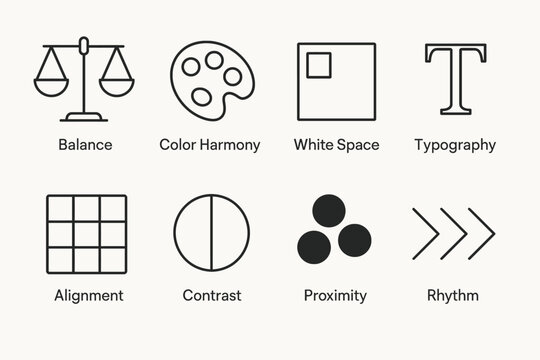 Design principles icons: balance, contrast, alignment, typography, color harmony, white space