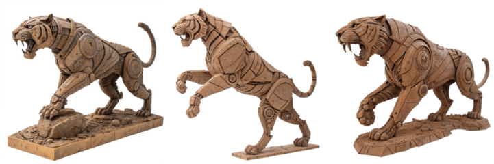  Set of A robot tiger dynamically posed as sculptural clay art isolated on a transparent background