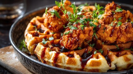 Fototapeta premium Delicious crispy fried chicken wings topped with fresh herbs served alongside golden waffles drizzled with chocolate sauce in a rustic black bowl on dark wooden background
