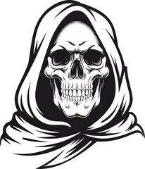 Monochromatic Illustration of a Grim Skull in a Hooded Cloak