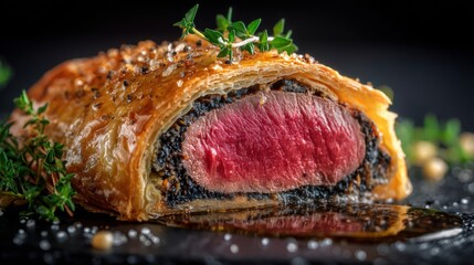 Juicy crispy coated beef tenderloin steak stuffed with seasoned cheese and herbs, cooked to perfection with a golden crust and tender pink interior on a dark background