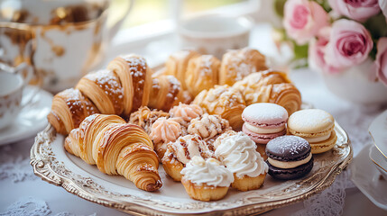 Elegant Platter of Pastries with Croissants, Macarons, and Cream Puffs